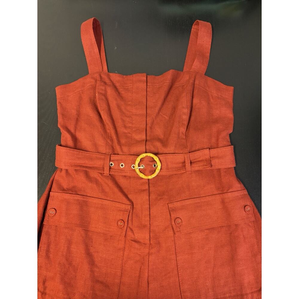 NWT Boho Coastal Linen Blend Belted Romper Rust Utility Safari Pockets Women 10 - Picture 6 of 13